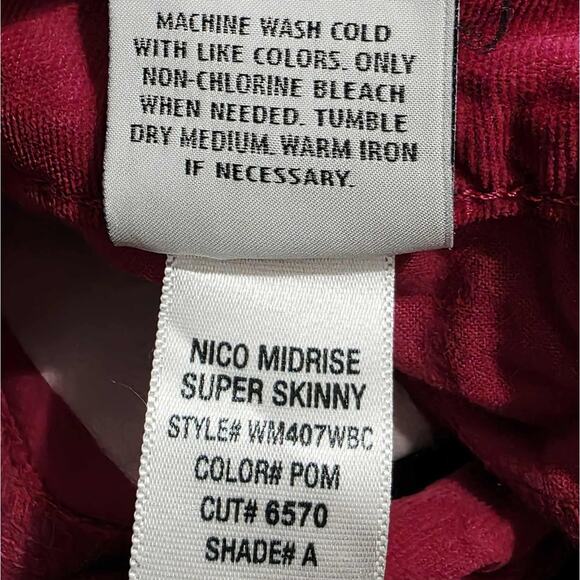 Hudson Jeans Nico Mid Rise Corduroy Super Skinny Pants Pomegranate Size 24 - Picture 8 of 10